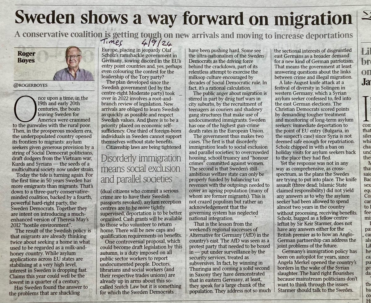 A must read⁩ ⁦<a href="/thetimes/">The Times and Sunday Times</a>⁩ : Why Sweden is cracking-down on migrants/asylum seekers &amp; boosting deportations. 
Chancers are now avoiding Sweden!
33% of all foreign-born in Sweden now depend on welfare.
⁦<a href="/PatKennyNT/">Pat Kenny Newstalk</a>⁩
⁦<a href="/OHanlonEilis/">Eilis O'Hanlon</a>⁩  ⁦<a href="/ExCllrRedmond/">Keith Redmond</a>⁩