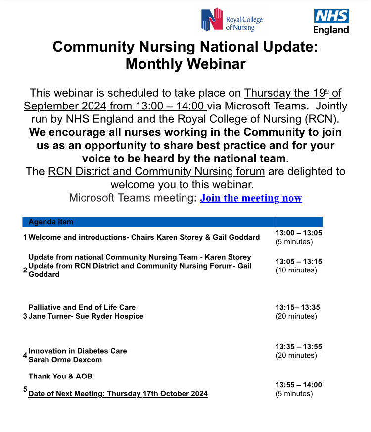 RCN District and Community Nursing Forum (@rcndnforum) on Twitter photo We would like to invite all community nurses to an exciting series of new webinars . We are collaborating with <a href="/NHSEngland/">NHS England</a> . Everyone invited across all 4 countries and you do not have to be an RCN member. Link in comments We would like to invite all community nurses to an exciting series of new webinars . We are collaborating with <a href="/NHSEngland/">NHS England</a> . Everyone invited across all 4 countries and you do not have to be an RCN member. Link in comments