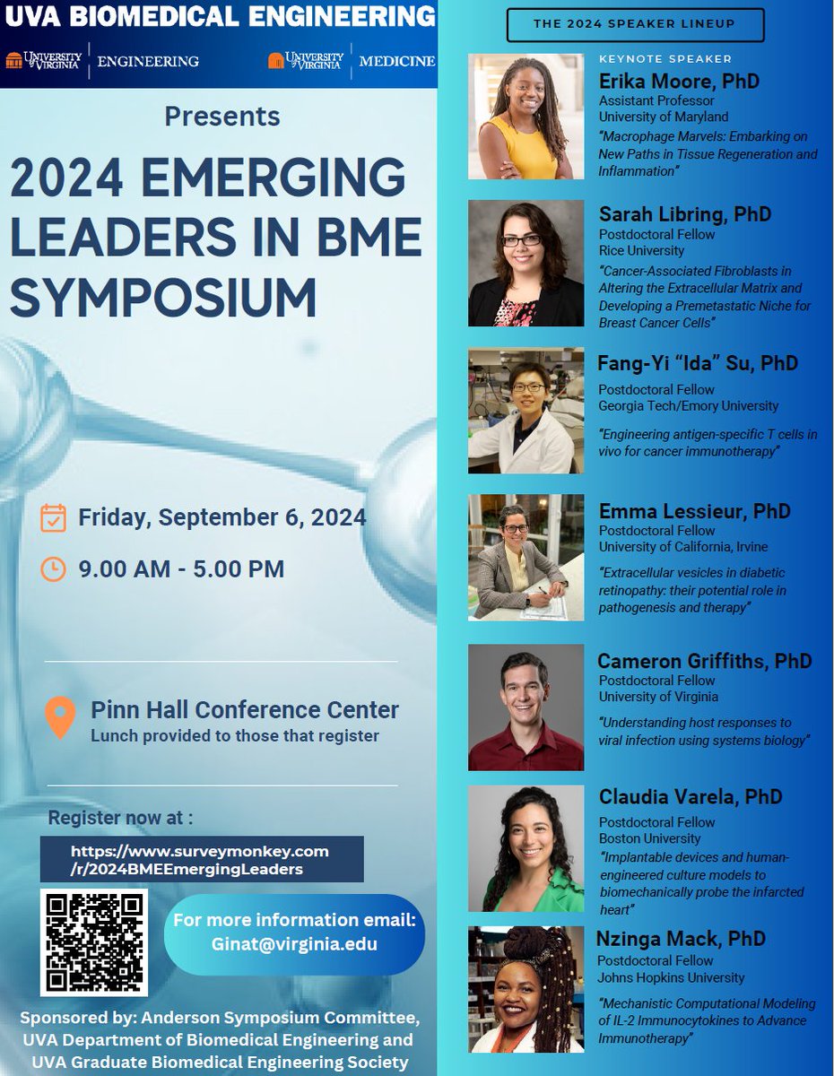 Mete Civelek (@mete_civelek) on Twitter photo Thrilled to organize the 3rd Annual Emerging Leaders in Biomedical Engineering Symposium with <a href="/ndsheybani/">Natasha Sheybani, PhD</a> and <a href="/DanAbebayehu/">Dan Abebayehu, PhD</a> at <a href="/UVABME/">Virginia BME</a>. We will hear from six senior postdocs and our keynote speaker <a href="/DrErikaMoore/">Erika Moore</a> in exciting talks. Thrilled to organize the 3rd Annual Emerging Leaders in Biomedical Engineering Symposium with <a href="/ndsheybani/">Natasha Sheybani, PhD</a> and <a href="/DanAbebayehu/">Dan Abebayehu, PhD</a> at <a href="/UVABME/">Virginia BME</a>. We will hear from six senior postdocs and our keynote speaker <a href="/DrErikaMoore/">Erika Moore</a> in exciting talks.