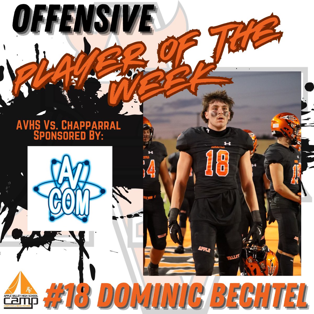 Congratulations to the <a href="/applevalleycom1/">AV Communications</a> Offensive Player of the Week <a href="/BechtelDominic/">Dominic Bechtel</a>!