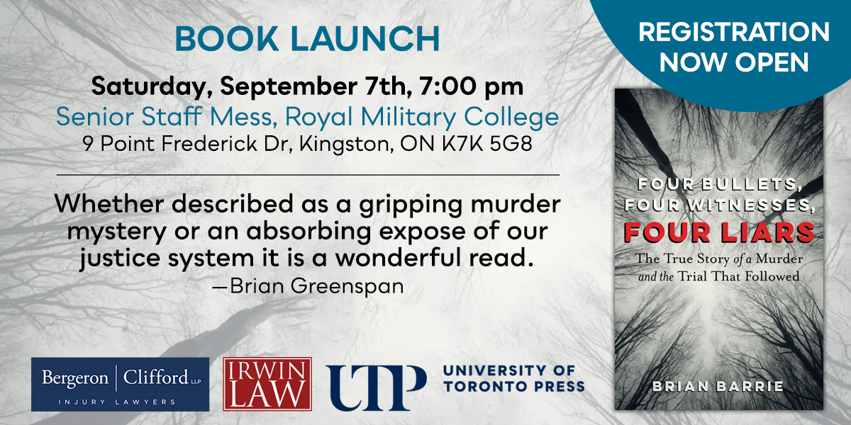 UTP Journals (@utpjournals) on Twitter photo Join Brian Barrie <a href="/queensualumni/">Queen's Alumni</a> <a href="/rmccanadaalumni/">RMC Alumni Association Inc.</a> for the Kingston launch of his #truecrime thriller! Four Bullets, Four Witnesses, Four Liars
Free registration here: bit.ly/4cwjhBx
<a href="/bclawyers/">Bergeron Clifford</a> <a href="/utpress/">University of Toronto Press</a> Join Brian Barrie <a href="/queensualumni/">Queen's Alumni</a> <a href="/rmccanadaalumni/">RMC Alumni Association Inc.</a> for the Kingston launch of his #truecrime thriller! Four Bullets, Four Witnesses, Four Liars
Free registration here: bit.ly/4cwjhBx
<a href="/bclawyers/">Bergeron Clifford</a> <a href="/utpress/">University of Toronto Press</a>