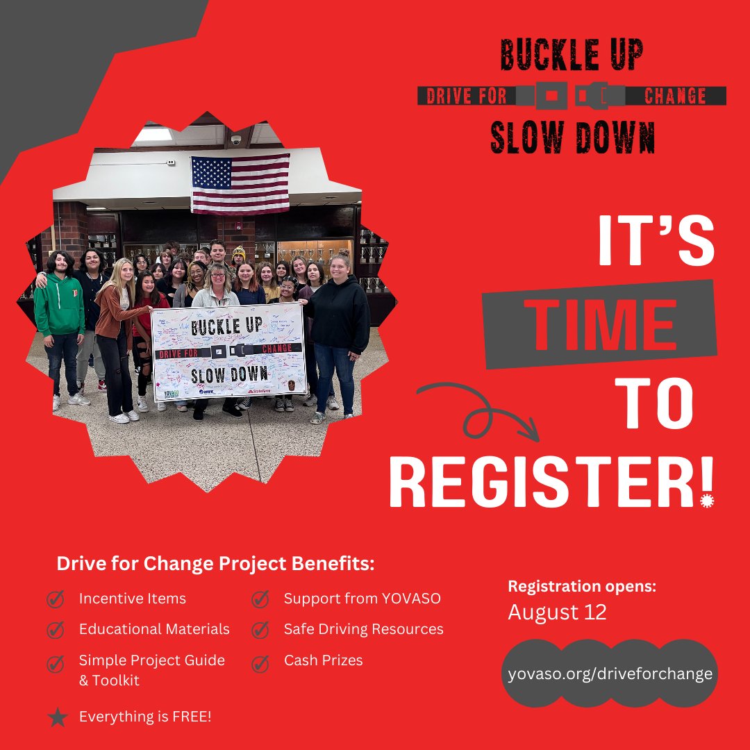 _YOVASO_'s tweet photo. There's still time to register for the #DriveForChange Project materials and incentive items! Don't miss out on theseโจFREEโจitems to promote driver and passenger safety in your school and community!๐
Register here: https://t.co/dJXfYWLhRy https://t.co/PAdjx8pgtb