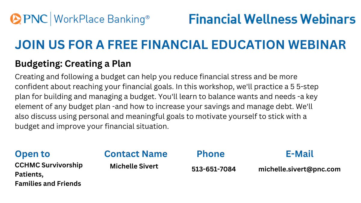 Join us for a free financial education webinar with <a href="/PNCBank/">PNC Bank</a>.  

When: Wednesday, September 18 
Where: Virtual or In-Person at CCHMC in room D2.23
Time: 6:30pm-7:30pm. If you join us in-person, please arrive 30 minutes early.  

Register here: event.on24.com/wcc/r/4618382/…