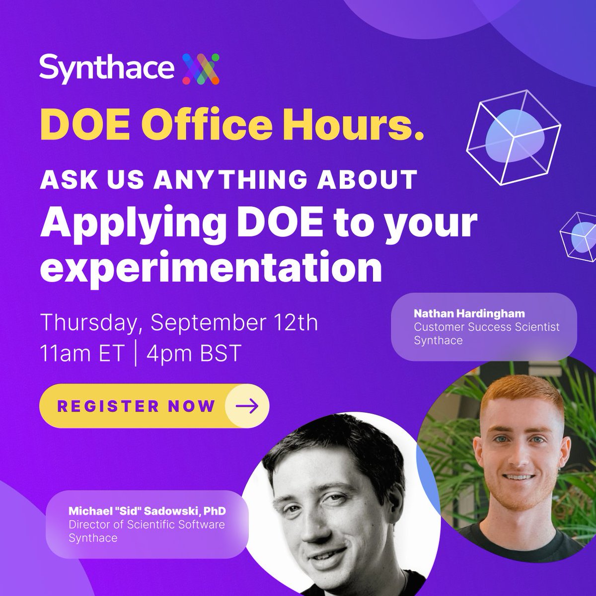 synthace's tweet image. Join us next week for our next session of DOE Office Hours. This time we&apos;ll be talking about practical applications of #DOE  to your experimentation. 

Have a question? Submit it and register here: synthace.com/resources/webi…

#designofexperiments #labautomation