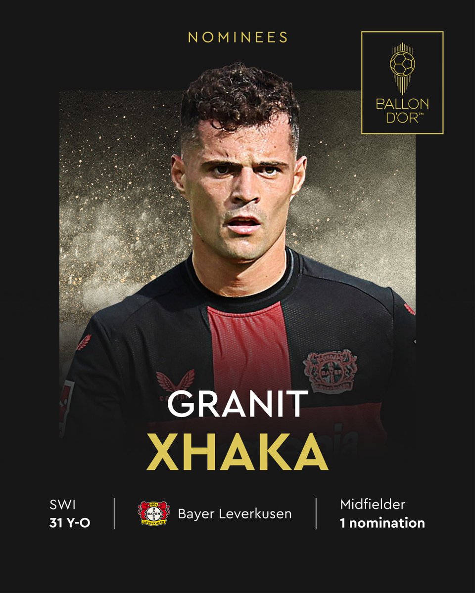 Nominated for the 2024 Ballon d’Or  

Granit Xhaka 
<a href="/bayer04_en/">Bayer 04 Leverkusen</a> 
<a href="/nati_sfv_asf/">🇨🇭 Nati</a>  

#ballondor