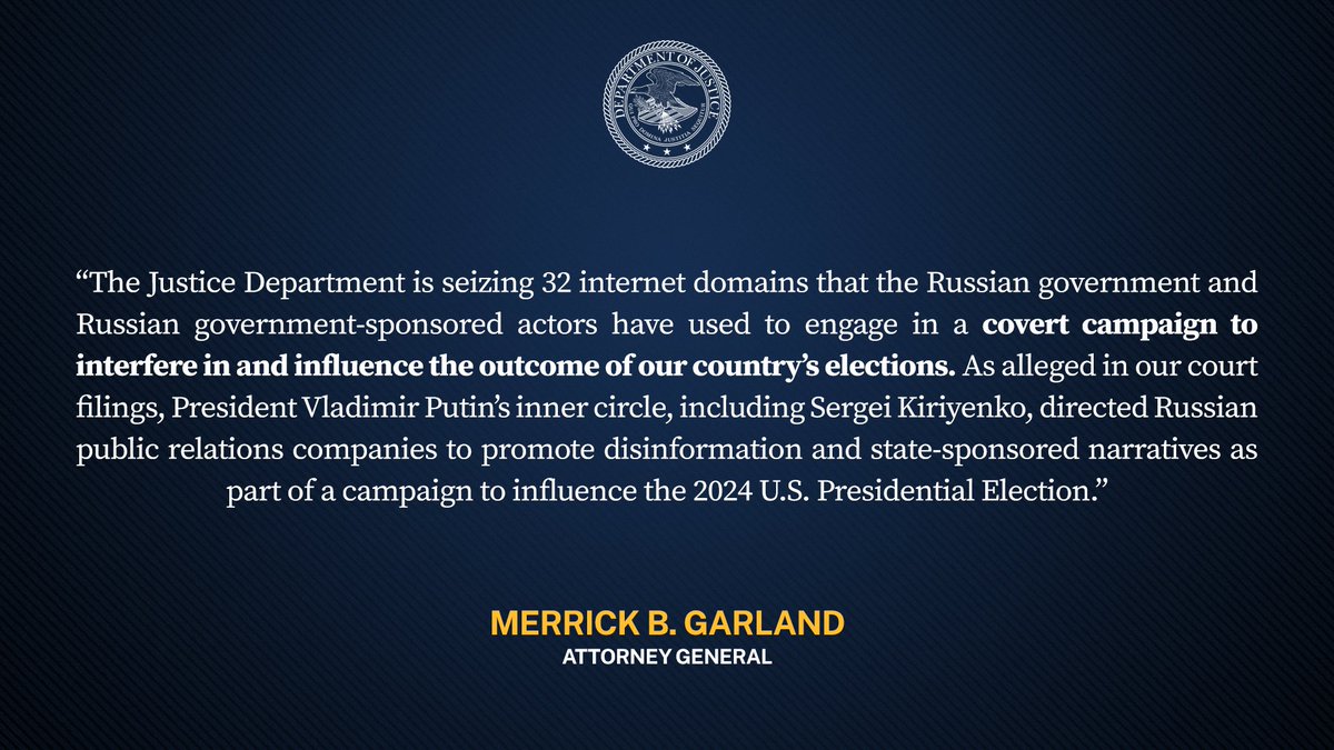 Justice Department Disrupts Covert Russian Government-Sponsored Foreign Malign Influence Operation Targeting Audiences in the United States and Elsewhere

🔗: justice.gov/opa/pr/justice…