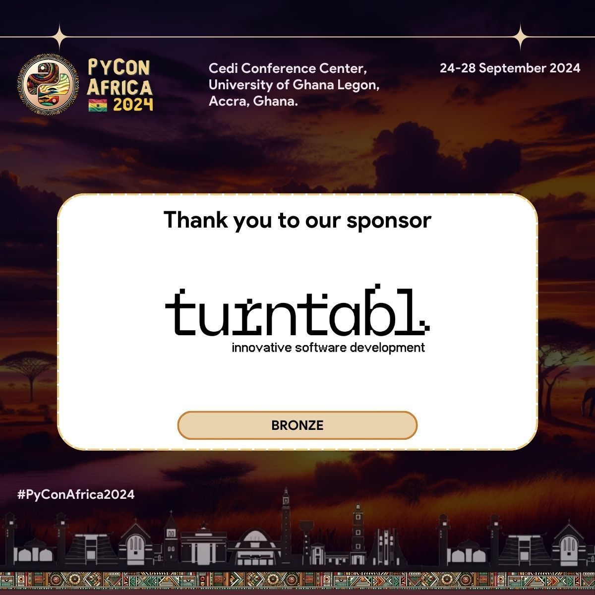 We’re delighted to announce that Turntabl (<a href="/turntablio/">turntabl</a> ) is a Bronze Sponsor for #PyConAfrica2024! 🎉

Turntabl, a software agency with bases in Accra, Ghana, and London, England, delivers innovative software engineering solutions to businesses around the world. Their expertise