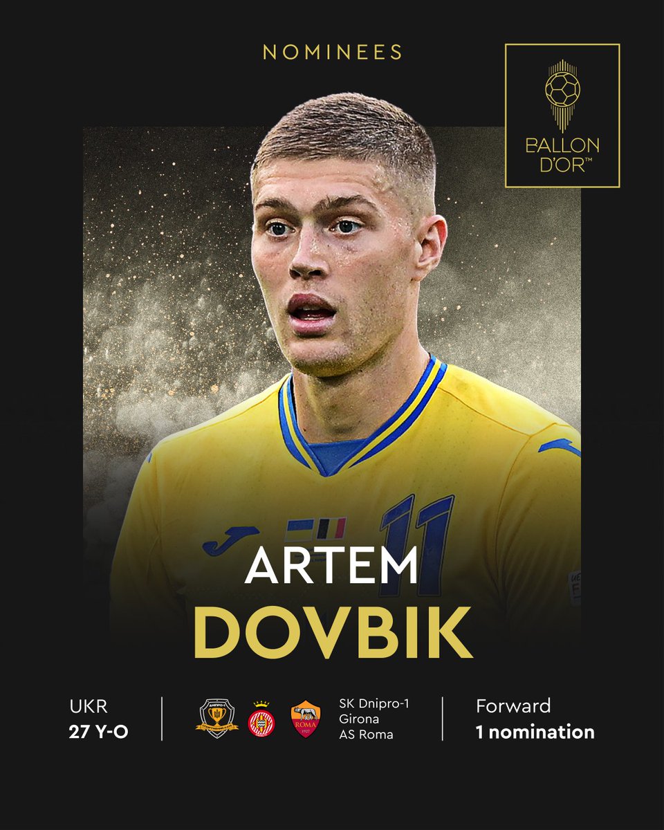 ballondor's tweet photo. Nominated for the 2024 Ballon d’Or  

Artem Dovbik 
@OfficialASRoma 
@uafukraine  

#ballondor https://t.co/UJH4tg3wYx