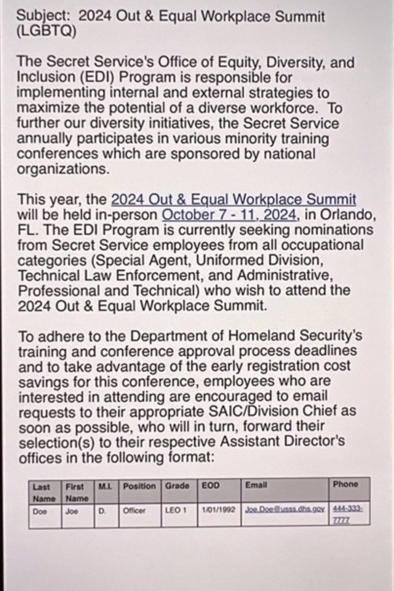susancrabtree's tweet image. ‼️‼️ EXCLUSIVE: The Secret Service's Office of Equity Diversity and Inclusion today at 11:09 a.m. ET sent out an agency-wide request (see email below) for nominees to attend an all-expense paid trip to an LGBTQ+ "Out and Equal" Workplace Summit at Disney World in Orlando Oct.