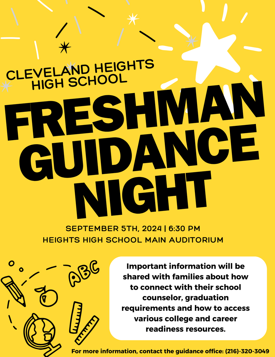 Heights High's 9th grade families are encouraged to attend Freshman Guidance Night tomorrow, September 5 at 6:30 p.m. Families will have to opportunity to connect with their school counselor and receive important information that will help their student succeed at Heights High.