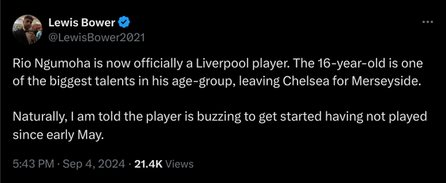[Lewis Bower] Rio Ngumoha is now officially a Liverpool player. The 16-year-old is one of the biggest talents in his age-group, leaving Chelsea for Merseyside. Naturally, I am told the player is buzzing to get started having not played since early May. dlvr.it/TCqJty