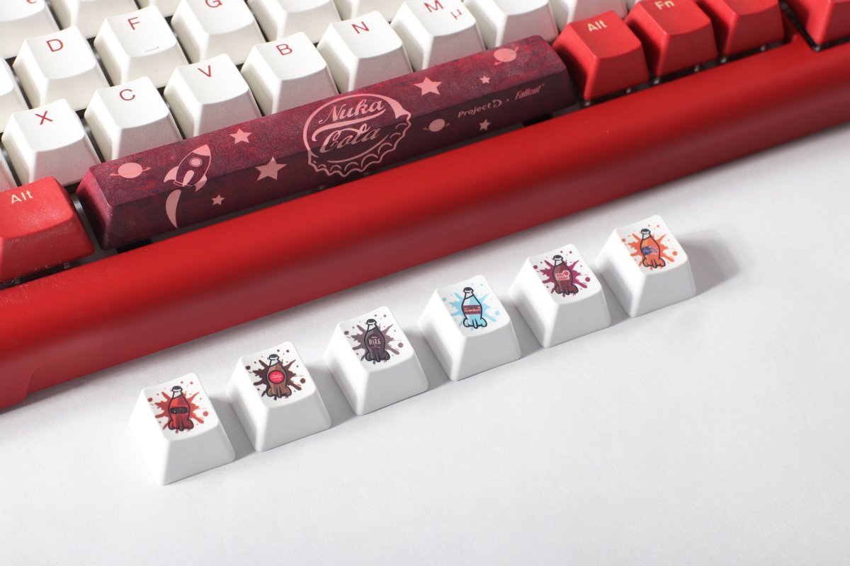MKeyboards's tweet photo. We just received a new shipment of @DuckyChannel Fallout Nuka Cola keyboards and keycaps! 

Find them here: ☣️
https://t.co/J3f75v9Ewq https://t.co/AS49aQMMbo