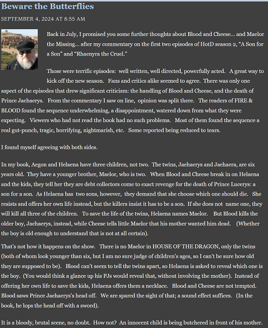 TheRustyOldMan's tweet photo. For  those that didn't get to read GRRM's Beware the Butterflies blog post before he took it down, here it is. #HoTD #HouseOfTheDragon https://t.co/ClWOhjQJ98