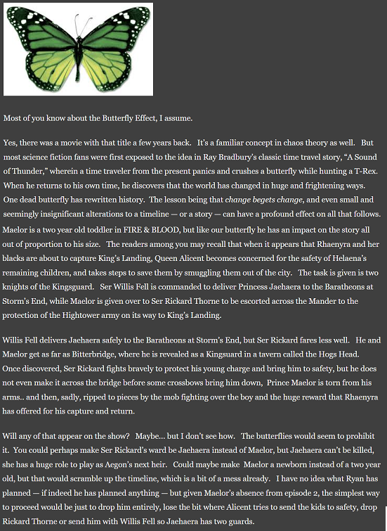 TheRustyOldMan's tweet photo. For  those that didn't get to read GRRM's Beware the Butterflies blog post before he took it down, here it is. #HoTD #HouseOfTheDragon https://t.co/ClWOhjQJ98