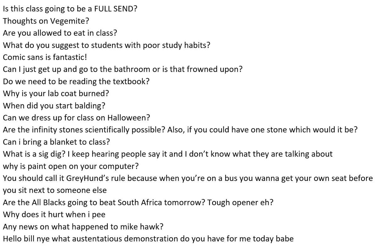Since 2015 I've been allowing students to ask questions anonymously during class (and posting some of the more light-hearted responses!), and thanks to <a href="/Vio_Iosub/">Violeta</a> we finally got around to documenting the how and why, see preprint at  doi.org/10.26434/chemr… for more details