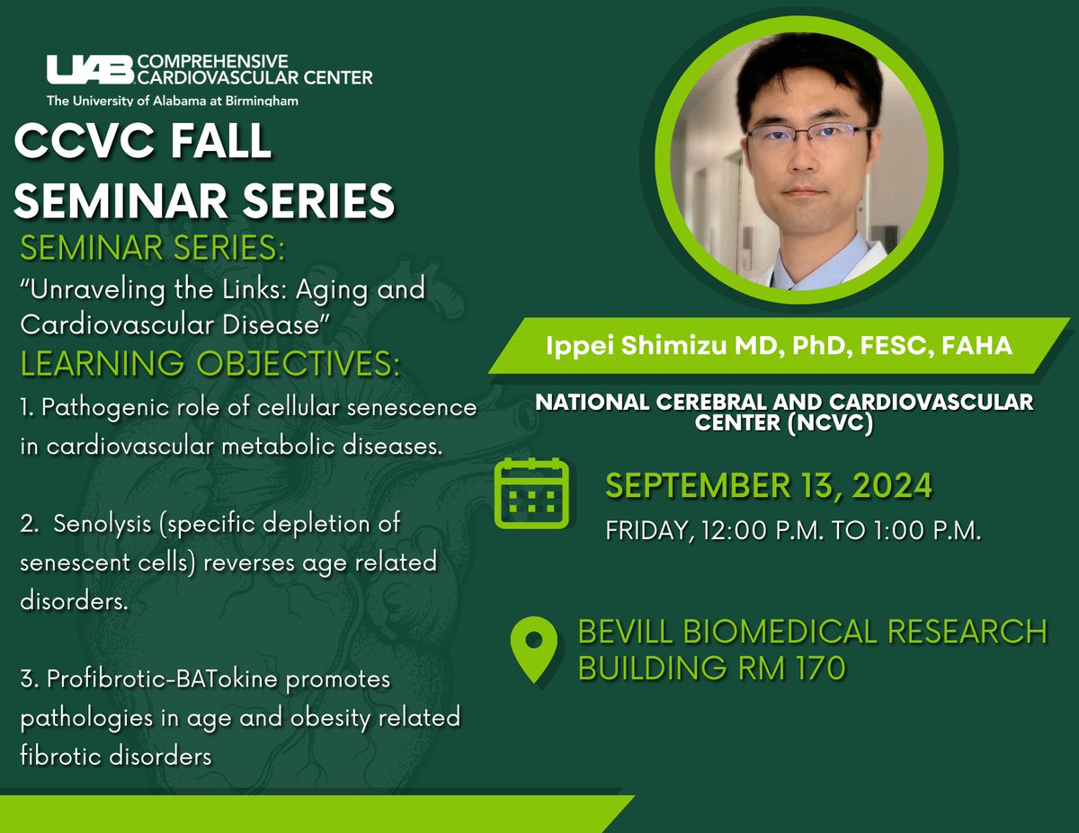 UAB Cardiovascular Disease (@uabcardiology) on Twitter photo 🚨 We're thrilled to welcome Dr. Ippei Shimizu from the National Cerebral and Cardiovascular Center
.(<a href="/NCVC_official/">国立循環器病研究センター(NCVC)</a>) to Birmingham next Friday!
Topic: Unraveling the Links: Aging and Cardiovascular Disease
Location: Bevill 170 at noon.
Zoom: uab.zoom.us/j/88401950880 🚨 We're thrilled to welcome Dr. Ippei Shimizu from the National Cerebral and Cardiovascular Center
.(<a href="/NCVC_official/">国立循環器病研究センター(NCVC)</a>) to Birmingham next Friday!
Topic: Unraveling the Links: Aging and Cardiovascular Disease
Location: Bevill 170 at noon.
Zoom: uab.zoom.us/j/88401950880