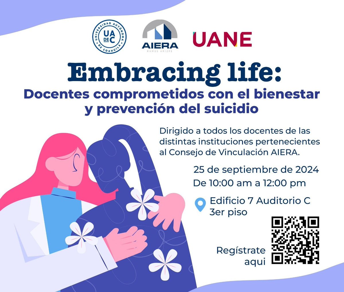 AIERAmx's tweet photo. #AIERA  siempre comprometido en apoyar en la construcción de una mejor sociedad, invita al personal Medico, Psicólogos y Enfermeros al Taller Gratuito

✨Embracing life: Docentes comprometidos  con el bienestar y prevención del suicidio ✨
Escanea el código Qr y regístrate https://t.co/LeQ5hdLYq4