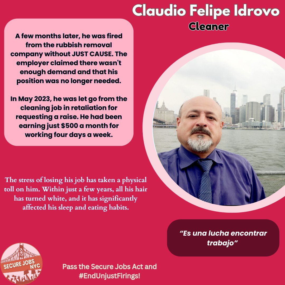 Claudio’s story shows why we must #EndUnjustFirings. After losing jobs without cause and facing health issues, he's been left in uncertainty. Join NYC workers at City Hall Park on Sept 26 at 9AM to rally for change. Let’s make our message clear to <a href="/NYCCouncil/">New York City Council</a>!