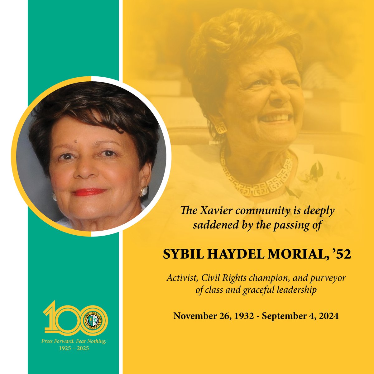 Today, the Xavier community mourns the passing of activist, Civil Rights champion, and purveyor of class &amp; graceful leadership Sybil Haydel Morial, a member of the class of 1952 and long-serving administrator at #XULA for 28 years.

📰:bit.ly/3My3Z4t