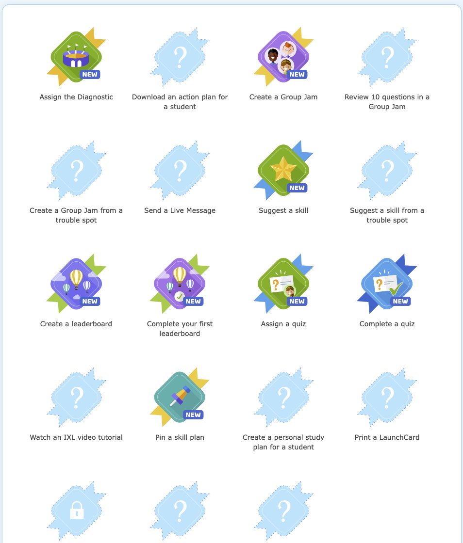 cpledg's tweet photo. Did you know that IXL has Teacher Badges this year??? Check out the #IXLBadges that our #RobinsonISD teachers have already earned this year. Earn badges by creating a Group Jam, sending a Live message, suggesting a skill, & more. Screenshot and share your badges in the comments! https://t.co/brPAHTcBPz