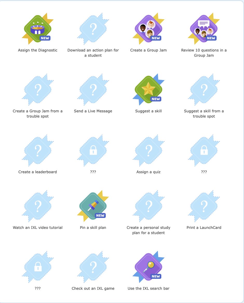 cpledg's tweet photo. Did you know that IXL has Teacher Badges this year??? Check out the #IXLBadges that our #RobinsonISD teachers have already earned this year. Earn badges by creating a Group Jam, sending a Live message, suggesting a skill, & more. Screenshot and share your badges in the comments! https://t.co/brPAHTcBPz