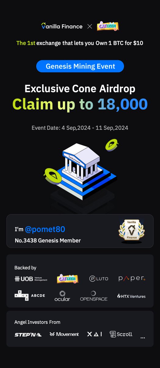 #VanillaFinance は、1 ビットコインを 10 ドルで所有できる初の取引所です。Genesis マイニングが現在稼働中です。最大 18,000 コーンを獲得しましょう! #Airdrop #Miniapp