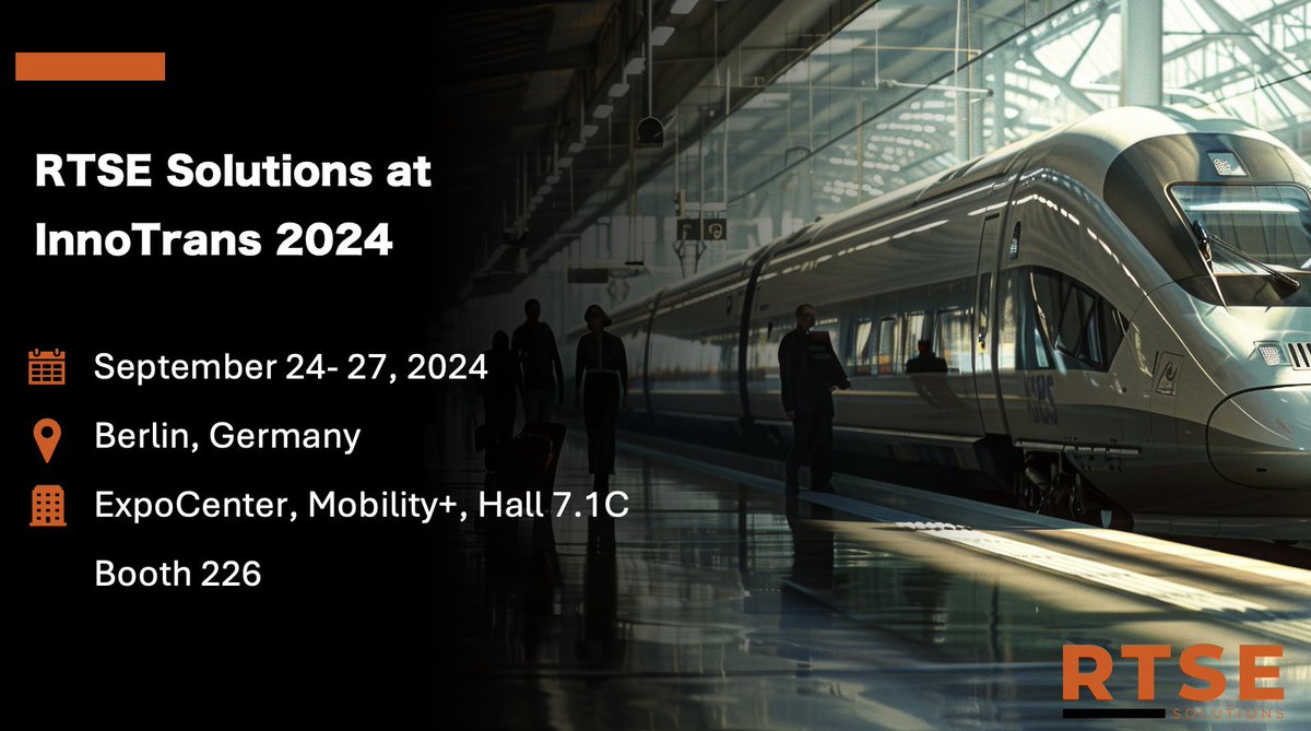 rtse_solutions's tweet photo. We’re excited to share that RTSE Solutions will be at InnoTrans! 
Visit us at Hall 7.1 C, stand 226 and meet our experts to discuss our innovative solutions in the transportation sector and discover the areas where we can help you. 

https://t.co/WoTIbIAdIg

#InnoTrans2024 #RTSE https://t.co/6fw0SDC1Sf