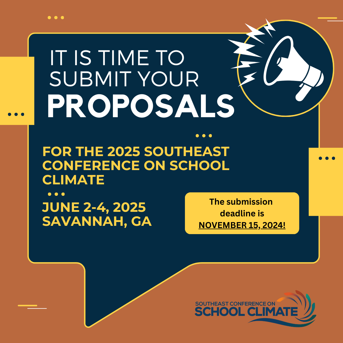 SESchoolClimate's tweet photo. Whether you've previously presented or you're excited to experience this conference for the first time, this is your chance to continue the discussion to improve schools and communities across the country. 

Submit your proposal using the link below! 
https://t.co/CMys2vRSXL https://t.co/uhsxjj5FuX