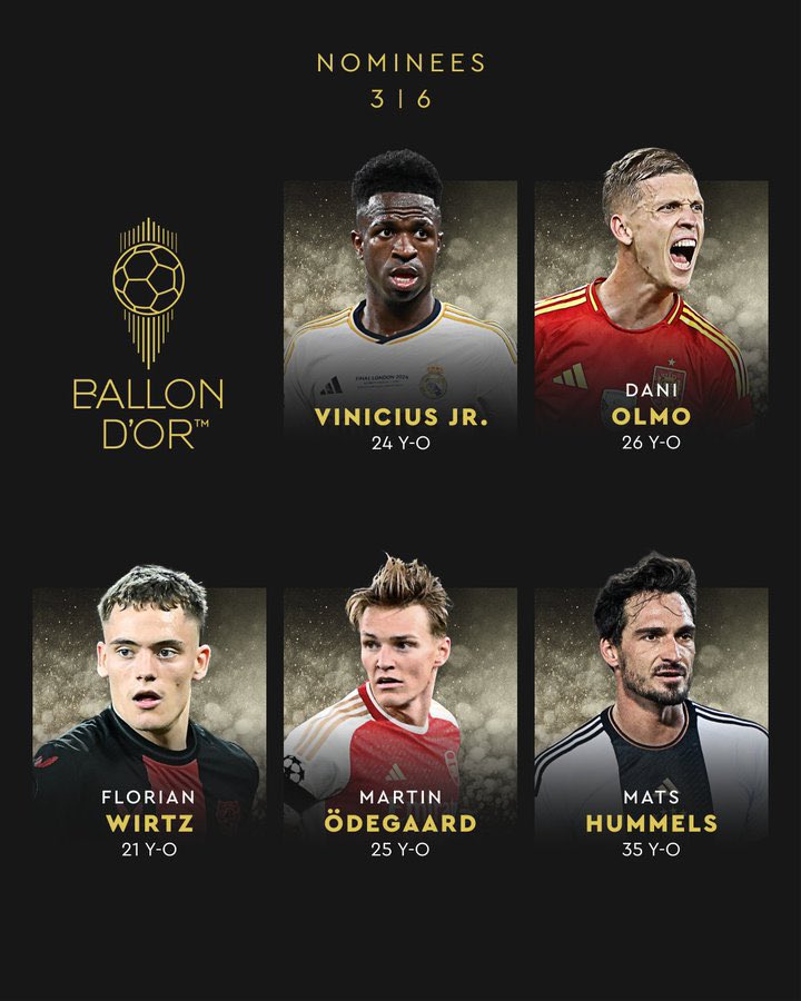 🚨 OFFICIEL ! 𝗡𝗼𝗺𝗺𝗲́𝘀 𝗽𝗼𝘂𝗿 𝗹𝗲 𝗕𝗮𝗹𝗹𝗼𝗻 𝗱'𝗢𝗿 𝟮𝟬𝟮𝟰 :

🇧🇷 Vinicius Junior
🇪🇸 Dani Olmo
🇩🇪 Florian Wirtz
🇳🇴 Martin Odegaard
🇩🇪 Mats Hummels

(15/30)

📸 <a href="/ballondor/">Ballon d'Or</a>