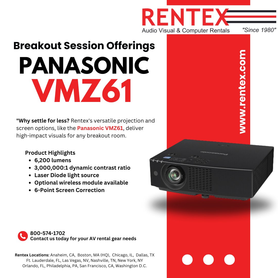 rentexrentals's tweet image. Why settle for less? Rentex’s projection options, like the @Panasonic VMZ61, deliver high-impact visuals. We have all your AV rental gear needs with an extensive inventory selection. Contact us today! rentex.com #ProjectionPower #BreakoutRooms #EventPlanning.