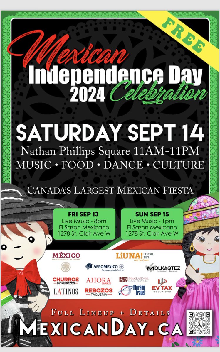 La comunidad mexicana organizada acompaña las celebraciones del Día de la Independencia Nacional con una verbena popular, un programa cultural y artístico y ricos platillos mexicanos el sábado 14 de septiembre, a partir de las 11 de la mañana en la Plaza Nathan Philips de Toronto
