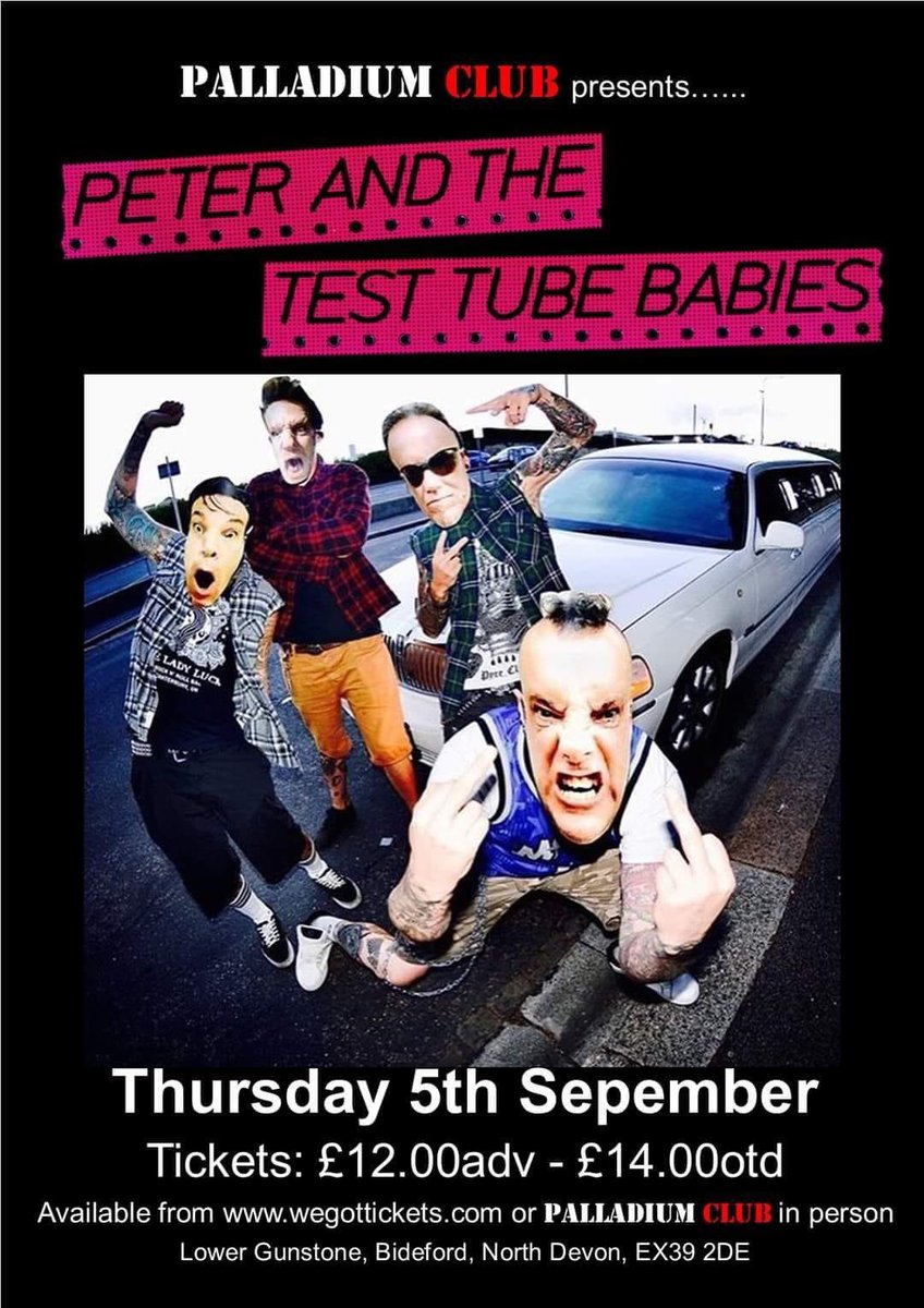 Tomorrow at The Palladium Club. Peter And The Test Tube Babies take to The Pally stage for an amazing night of punk. Support comes from The Clashnikovs. Tickets Available online now through the event page
Peter and the Test Tube Babies plus The Clashnikovs

<a href="/top/">top</a> fans