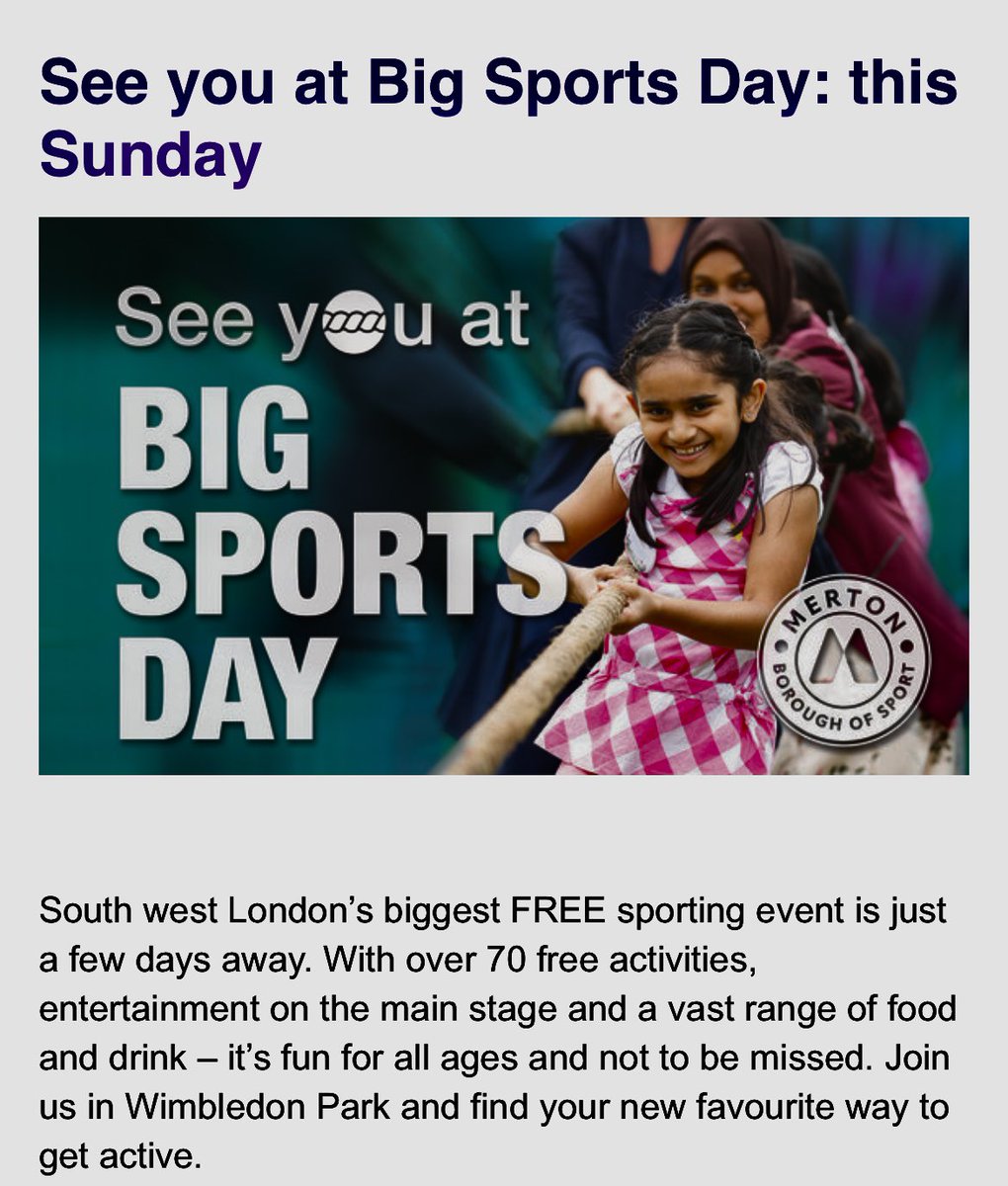 Merton “Big Sports Day” in #WimbledonPark Sunday 8th September 2024, 10am-4pm. “South west London’s biggest FREE sporting event is just a few days away. With over 70 free activities, entertainment on the main stage and a vast range of food and drink.“ merton.gov.uk/healthy-living…