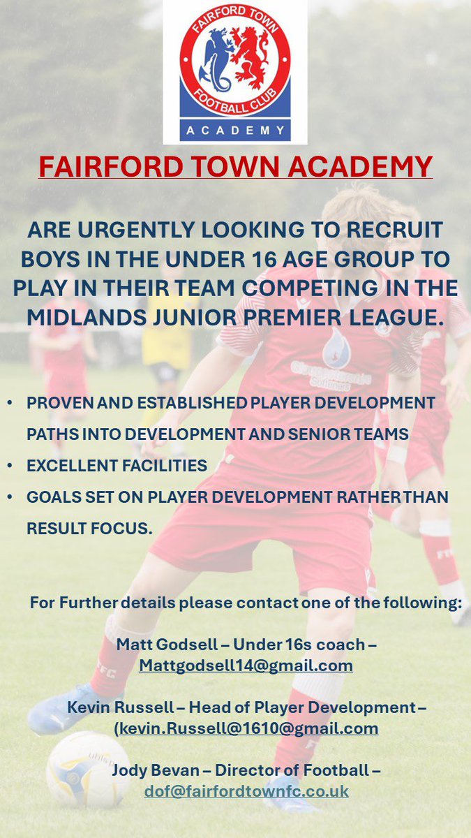 FairfordTownFC's tweet photo. 𝐔𝟏𝟔𝐬 𝐏𝐥𝐚𝐲𝐞𝐫𝐬 𝐖𝐚𝐧𝐭𝐞𝐝 ⚽️ 

Our Fairford Town U16s are urgently on the lookout for more players ahead of their Midland Junior Premier League campaign.

All details below ⬇️ 

🔴⚪️ https://t.co/ZGO00mwm5x