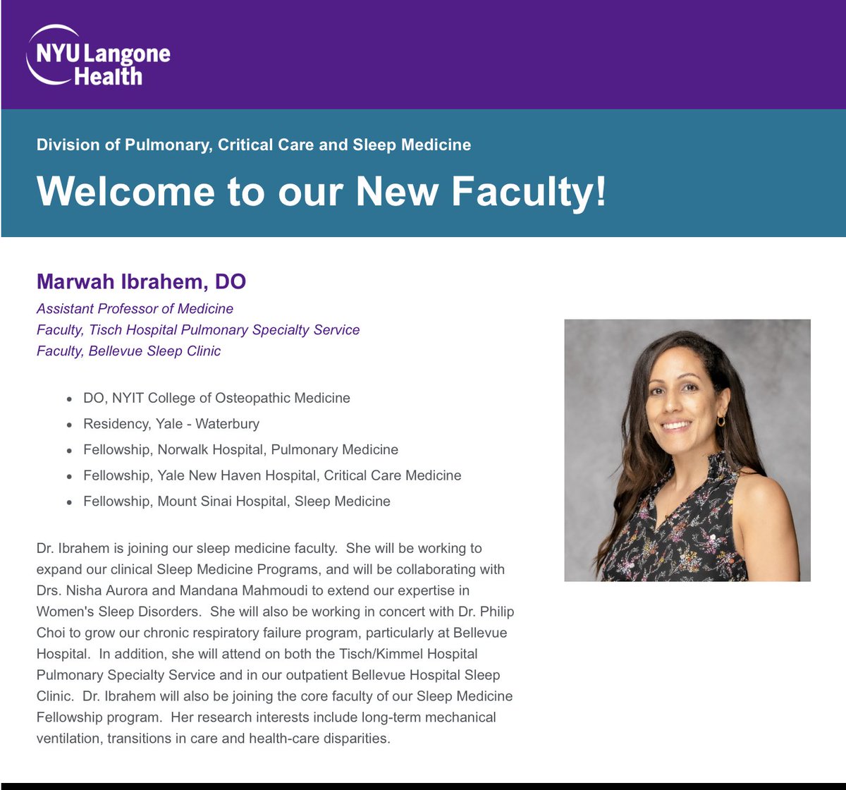 NYULangonePCCSM (@nyulangonepccsm) on Twitter photo Warmest welcome to our newest faculty member, Dr. Marwah Ibrahem! Dr. Ibrahem will be joining our sleep medicine teams <a href="/nyulangone/">NYU Langone Health</a> and <a href="/BellevueHosp/">NYC Health + Hospitals/Bellevue</a> this month! 💤 🛏️
#Sleepmedicine #PCCM #Respiratoryfailure #Meded #Pulmonary #Lung Warmest welcome to our newest faculty member, Dr. Marwah Ibrahem! Dr. Ibrahem will be joining our sleep medicine teams <a href="/nyulangone/">NYU Langone Health</a> and <a href="/BellevueHosp/">NYC Health + Hospitals/Bellevue</a> this month! 💤 🛏️
#Sleepmedicine #PCCM #Respiratoryfailure #Meded #Pulmonary #Lung