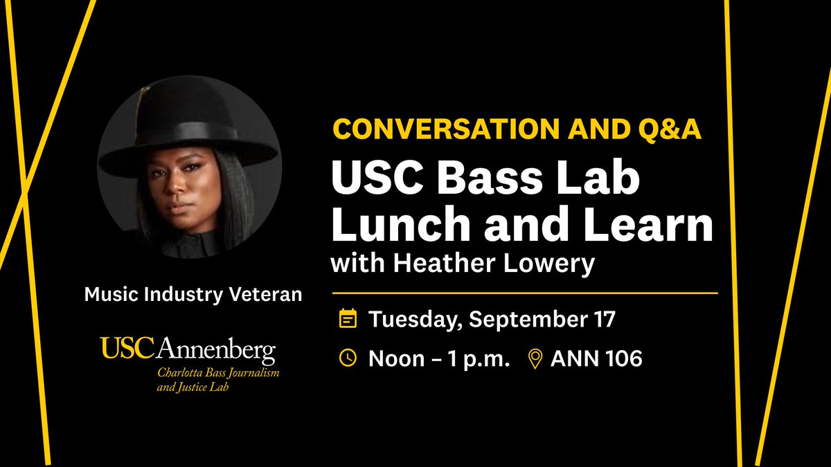 USC Annenberg (@uscannenberg) on Twitter photo Join the <a href="/USCBassLab/">The Charlotta Bass Journalism & Justice Lab</a> on Tuesday, Sept. 17 from noon to 1 p.m. for a discussion with Heather Lowery, president and CEO of <a href="/FemmeItForward/">Femme It Forward</a>! A joint venture partnership with Live Nation, the company focuses on empowering women in the music industry. RSVP: annenberg.usc.edu/events/lunch-l… Join the <a href="/USCBassLab/">The Charlotta Bass Journalism & Justice Lab</a> on Tuesday, Sept. 17 from noon to 1 p.m. for a discussion with Heather Lowery, president and CEO of <a href="/FemmeItForward/">Femme It Forward</a>! A joint venture partnership with Live Nation, the company focuses on empowering women in the music industry. RSVP: annenberg.usc.edu/events/lunch-l…