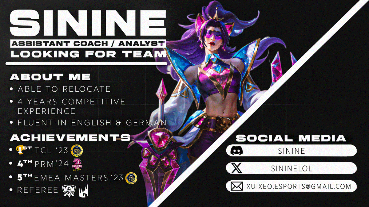 sinine (@sininelol) on Twitter photo Still contracted in #LEC and about to cover Worlds soon, but am allowed to explore my options for 2025.
Interested in Major ERL1+
I can provide my work samples upon request.
Contact me through dms or my agent <a href="/CyrilBerges/">Cyril Bergès</a>
❤️& 🔁 are appreciated Still contracted in #LEC and about to cover Worlds soon, but am allowed to explore my options for 2025.
Interested in Major ERL1+
I can provide my work samples upon request.
Contact me through dms or my agent <a href="/CyrilBerges/">Cyril Bergès</a>
❤️& 🔁 are appreciated