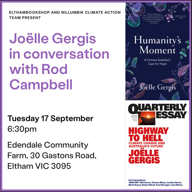 Join <a href="/joellegergis/">Joelle Gergis</a> &amp; me to talk climate, science, politics and her books! Thanks Eltham Bookshop <a href="/TheAusInstitute/">Australia Institute</a> @BlackIncBooks