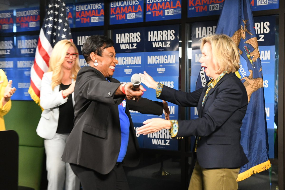 Let me tell you: Michigan educators are fired up to elect <a href="/KamalaHarris/">Kamala Harris</a> and <a href="/Tim_Walz/">Tim Walz</a>! Count me in to help elect this fiercely pro-public education duo 👏🏾