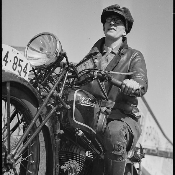 Geoffmuse's tweet photo. Taken #OTD Jean Quinlan on her Velocette motorbike, Camperdown Polytechnic school, Sydney, 6 September 1938, by Ray Olson uploaded to #Flickrcommons https://t.co/GOtxSILGys https://t.co/1cRuhA6AgY