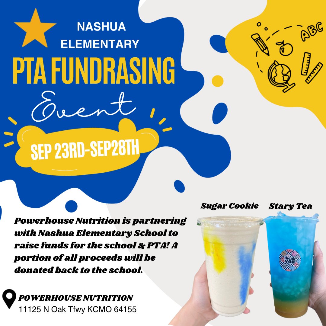Support <a href="/NashuaES/">Nashua ES</a> at Powerhouse Nutrition Sept. 23-28. Powerhouse Nutrition is partnering with Nashua to raise funds for the school and PTA! A portion of all proceeds will be donated back to Nashua! ⭐️