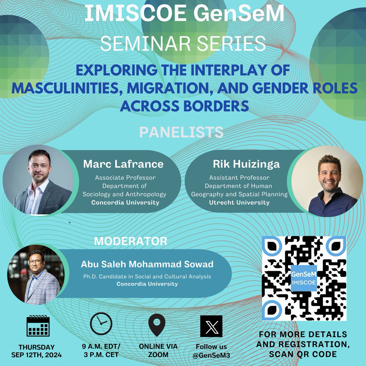 Catch me with Marc Lafrance and <a href="/RikHuizinga/">Rik Huizinga</a> at the #IMISCOE #GenSeM seminar in exploring the complex interplay between masculinities, migration experiences, and the reshaping of gender roles across borders

📅 Sep 12th 
📷 9 AM EDT/3 PM CET

Registration: shorturl.at/KJH9T