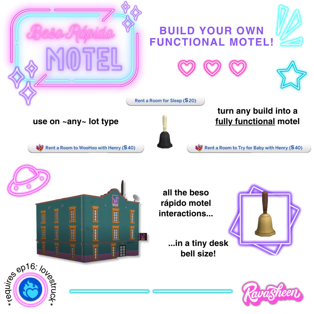 Beso Rápido Model - Functional Desk Bell

All the motel interactions packaged into a tiny desk bell! Functional on any lot or build type! Full details on my website :)

Requires EP 16. Patreon early access now &amp; public release on September 22!

ravasheen.com/download/beso-…