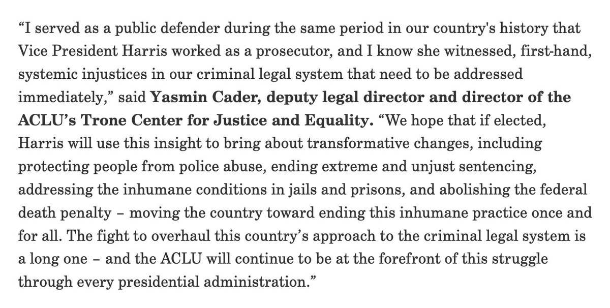 Last week, <a href="/ACLU/">ACLU</a> released a roadmap outlining Vice President Kamala Harris' anticipated policies on the criminal legal system if elected. The memo identifies key opportunities for transformative change to reduce the harm and reach of mass incarceration. aclu.org/press-releases…