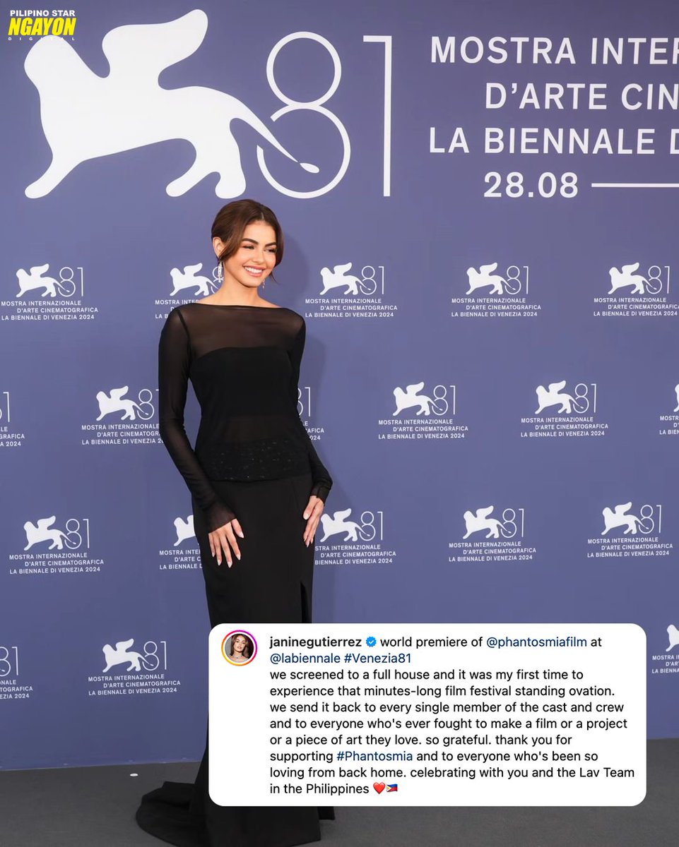 psngayondigital's tweet photo. 'IT WAS MY FIRST TIME TO EXPERIENCE THAT MINUTES-LONG FILM FESTIVAL STANDING OVATION' ❤️

Iyan ang saad ng aktres na si Janine Gutierrez matapos ang world premiere ng kanyang pelikulang "Phantosmia" sa 2024 La Biennale di Venezia’s Venice International Film Festival. https://t.co/EDHQ9URF0L