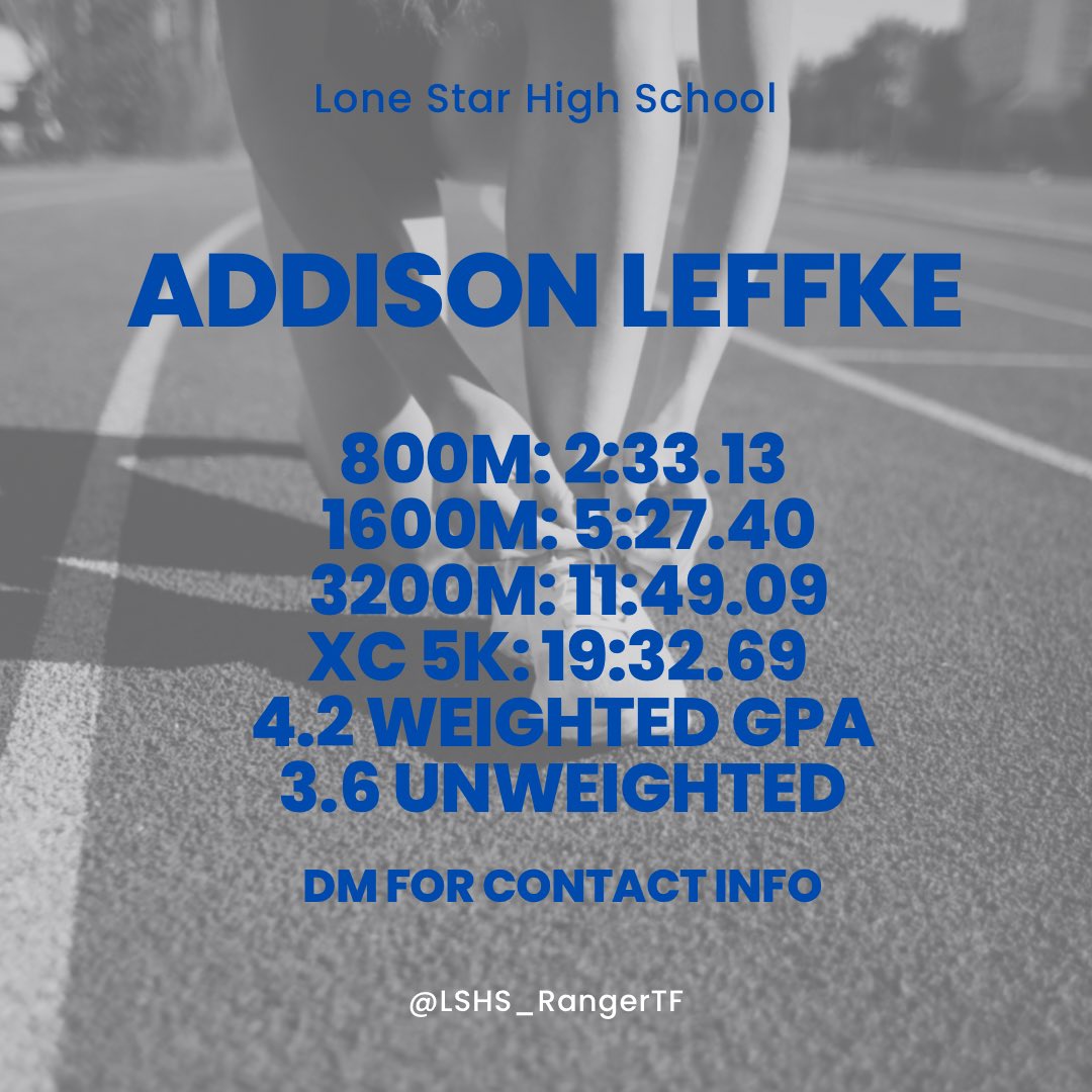 Debra Evans, M.Ed (@coachjohnson93) on Twitter photo 🚨🚨A true leader not only with words but by example! Addy works hard and is a multi sport athlete that also plays soccer!
College coaches, don’t sleep on this kid!
DM me for info!
<a href="/LeffkeA/">Addison Leffke</a> <a href="/XC_lshs/">LSHS XC</a> <a href="/LSHS_RangerTF/">LSHS Ranger TRK</a> 🚨🚨A true leader not only with words but by example! Addy works hard and is a multi sport athlete that also plays soccer!
College coaches, don’t sleep on this kid!
DM me for info!
<a href="/LeffkeA/">Addison Leffke</a> <a href="/XC_lshs/">LSHS XC</a> <a href="/LSHS_RangerTF/">LSHS Ranger TRK</a>