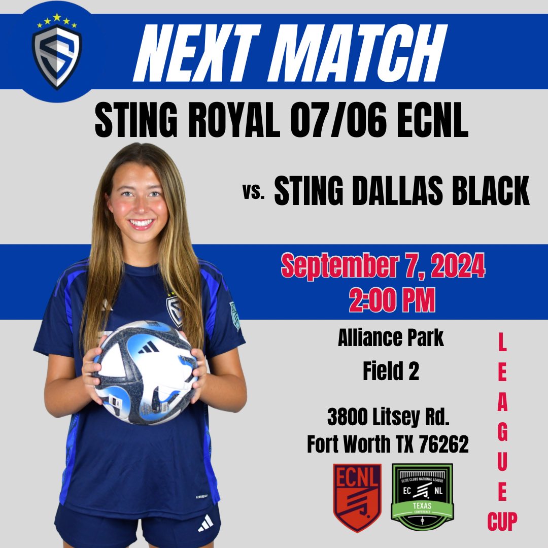 Sting Royal 07/06G ECNL (@stngroyal06ecnl) on Twitter photo Come out and 👀 as we play our first <a href="/ECNLgirls/">ECNL Girls</a> League Cup Match!!!
<a href="/RockyMonk8/">Rocky Monk</a> <a href="/StingSoccerClub/">Sting Soccer Club</a> <a href="/ImYouthSoccer/">ECNL/GA/Recruiting/College Soccer</a> <a href="/TopDrawerSoccer/">TopDrawerSoccer</a> <a href="/TheSoccerWire/">SoccerWire</a> <a href="/PrepSoccerTX/">Prep Soccer Texas</a> Come out and 👀 as we play our first <a href="/ECNLgirls/">ECNL Girls</a> League Cup Match!!!
<a href="/RockyMonk8/">Rocky Monk</a> <a href="/StingSoccerClub/">Sting Soccer Club</a> <a href="/ImYouthSoccer/">ECNL/GA/Recruiting/College Soccer</a> <a href="/TopDrawerSoccer/">TopDrawerSoccer</a> <a href="/TheSoccerWire/">SoccerWire</a> <a href="/PrepSoccerTX/">Prep Soccer Texas</a>
