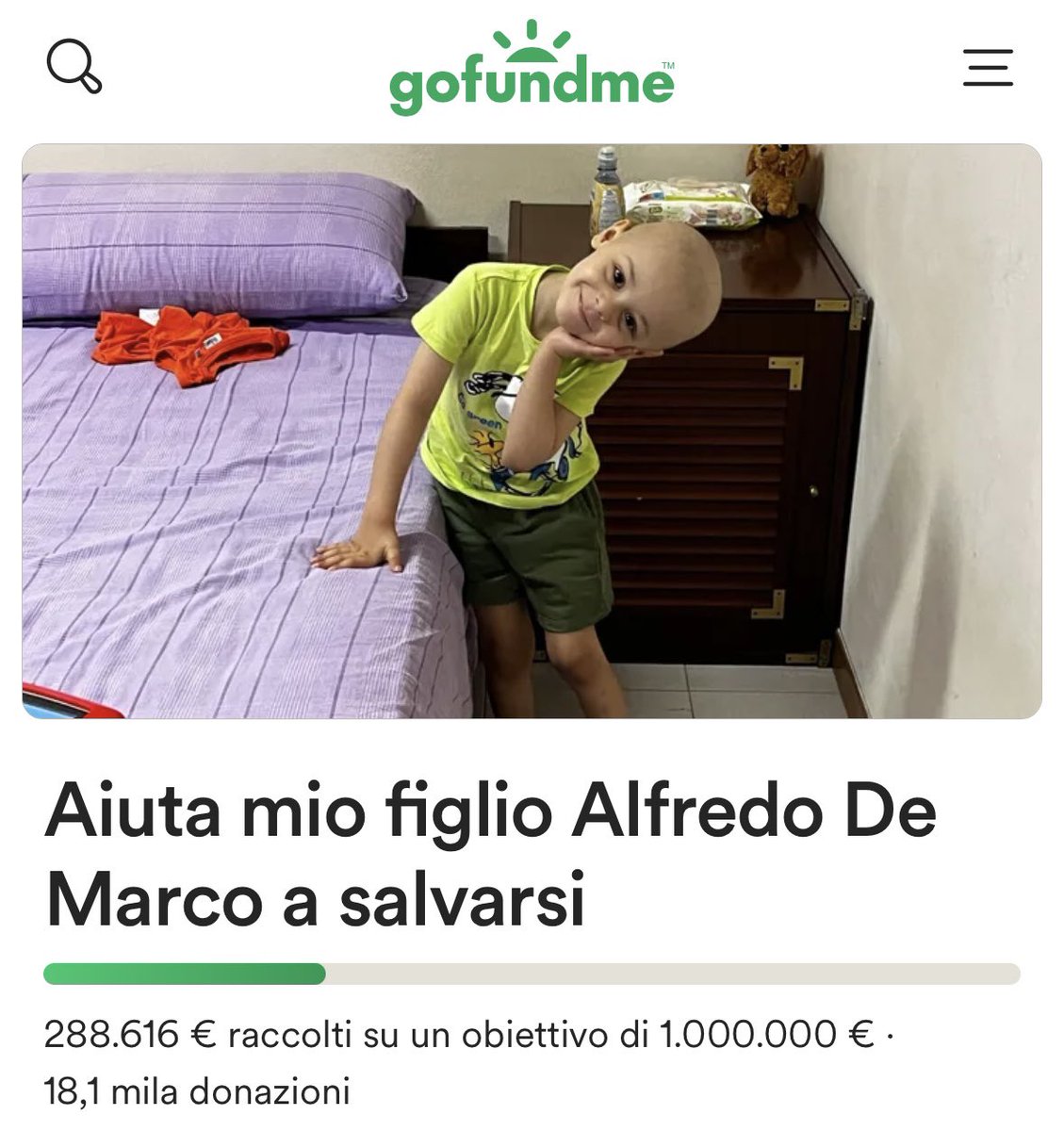 “Sogno di andare all’asilo,alzarmi al mattino e chiedere alla mamma un pancarrè con la nutella,chiedere dei bacini a papà e giocare con lui.Solo la Francia può aiutarmi a tentare l’impossibile, ma questo ha un costo di 1 milione”.
gofundme.com/f/dona-per-aiu…
#Gofundme #AlfredoDeMarco