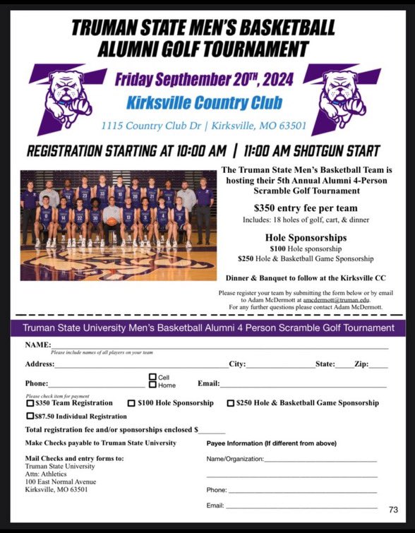 Our annual golf tournament is coming up! The event is open to the public and alumni. Spots are filling up so be sure to get registered! 
You can find the registration form at advancement.truman.edu/portal/MBBGolf…