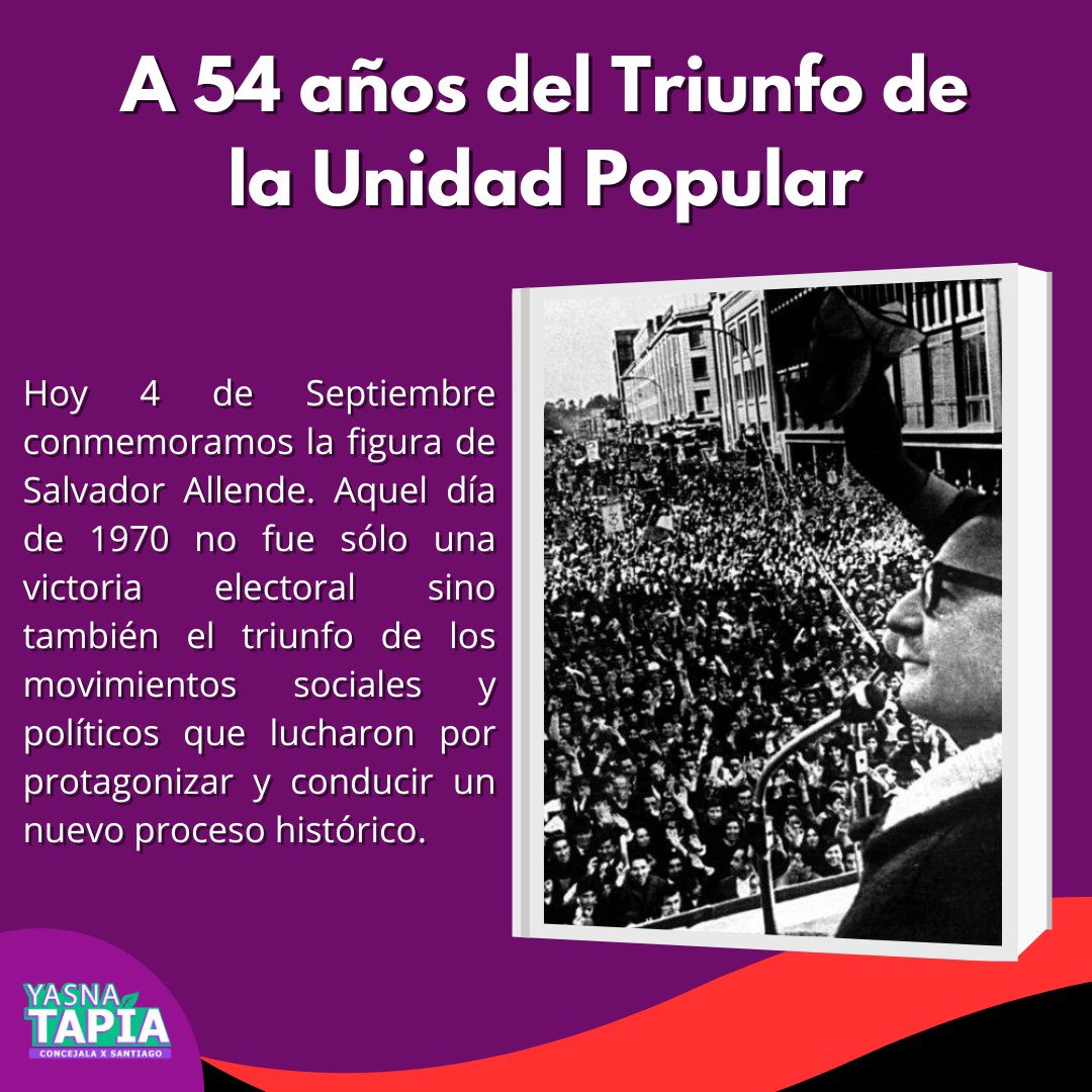 Hoy conmemoramos el 54º aniversario del triunfo de la UP y la figura de Salvador Allende. Hace 54 años, su victoria fue reflejó el esfuerzo de mov sociales y políticos por iniciar un nuevo capítulo en nuestra historia. Honramos su legado #SalvadorAllende #UnidadPopular